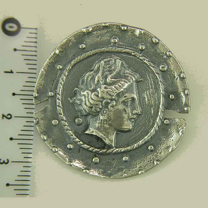 Ancient Greek silver coin pendant - brooch. Head of Artemis (Venus), Greek Gold Jewelry, Greek Ancient silver coins pendants