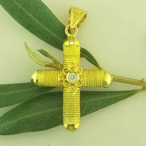 Byzantine Orthodox baptism diamond cross in 18K Gold, Greek Gold Jewelry, baptismal orthodox crosses, Byzantine jewelry