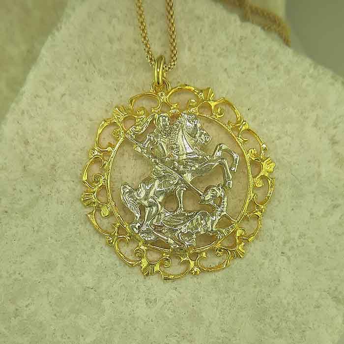 Saint George pendant, Greek traditional filigree Rhodes jewelry gold plated & silver pendants, traditional Greek silver pendants, traditional Greek jewelry