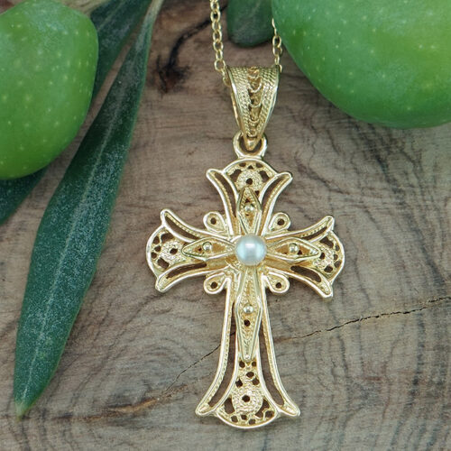 Orthodox Baptism Cross in 18K Gold -Byzantine Filigree Greek gold jewelry crosses